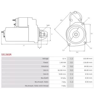 Démarreur 12V 1.90KW 10 dents OPEL 1202488, 55353857, 55358857, 55585237, 6202074, 95520320