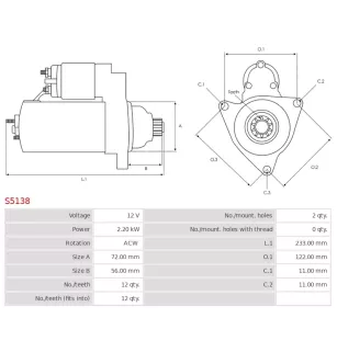 Démarreur 12V 2.20KW 12 dents CASCO CST35134, CST35134AS, CST35134ES, CST35134GS, CST35134OS, CST35134RS