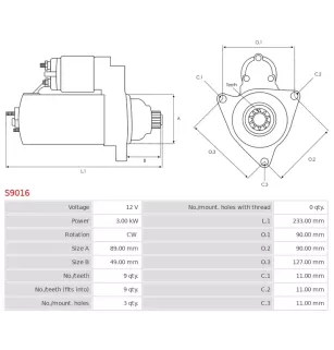 Démarreur 12V 3.00Kw 9 dents CASCO CST48109, CST48109AS, CST48109ES, CST48109GS, CST48109OS, CST48109RS