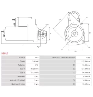 Démarreur 12V 1.80Kw 9 dents CASCO CST10428, CST10428AS,