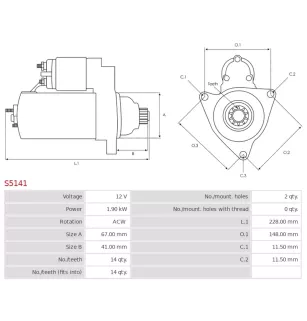 Démarreur 12V 1.90KW 14 dents AS-PL S5141, UD01347S, MAZDA N3R318400, MITSUBISHI M001TA0271, M1TA0271