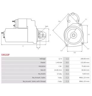 Démarreur 12V 1.40Kw 12 dents  FORD 1140757, 1144505, 1350459, 1366195, 1368974, 1483817