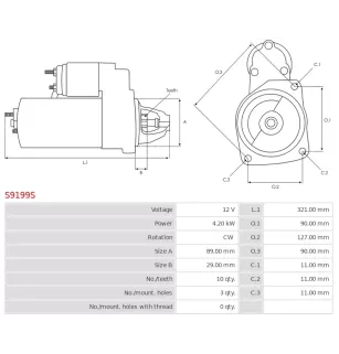 Démarreur 12V 4.20kW 10 dents AS-PL S9199S, UD16537S, CARGO 115393, ISKRA / LETRIKA 11.131.575, AZF4148