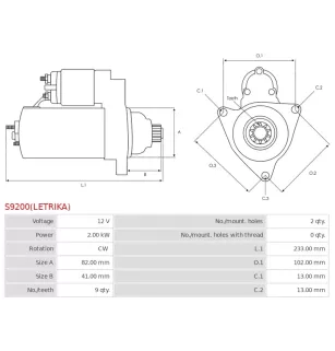 Démarreur 12V 2.00kW 9 dents AS-PL UD11893(LETRIKA)S, BOBCAT 55169.7, 55170, CARGO 113982, 116458