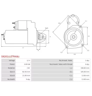 Démarreur 12V 3.00kW 9 dents AS-PL UD11896(LETRIKA)S, BOSCH 0001359017, 0001359062, 0001367021, CARGO 115535