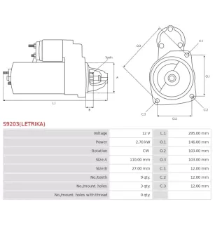 Démarreur 12V 2.70kW 9 dents AS-PL UD11899(LETRIKA)S, CARGO 113381