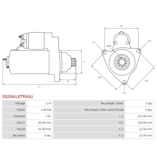 Démarreur 12V 2.00kW 9 dents AS-PL UD11904(LETRIKA)S, CARGO 114677, FIAT 98417134, ISKRA / LETRIKA 11.131.527, AZE2605