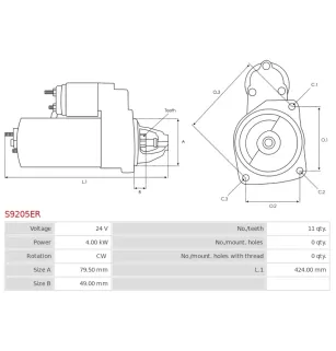 Démarreur 24V 4.00kW 11 dents AS-PL S9205R, CARGO 110511, HELLA 8EA737095-001, ISKRA / LETRIKA 11.139.156, AZK5539