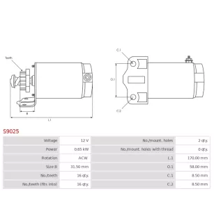 Démarreur 12V 0.65Kw 16 dents BRIGGS STRATTON 392749, 394805, 497594, 497595, BOSCH 0986012111