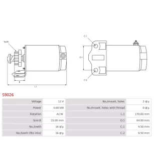 Démarreur 12V 0.60Kw 16 dents BRIGGS STRATTON 399928, 495100, 498148, BOSCH F032112242, AS-PL S9026