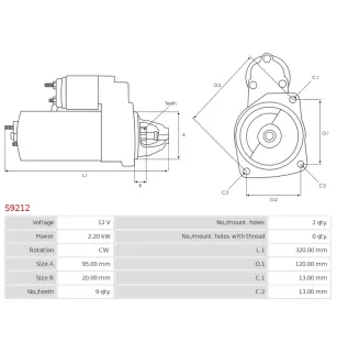 Démarreur 12V 2.20kW 9 dents AS-PL UD11088S, CASE 6008131710, KOMATSU 600-813-1730, 600-813-1731, 600-813-1732