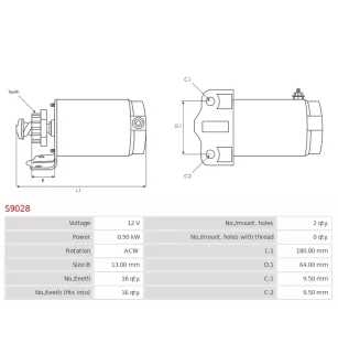 Démarreur 12V 0.50Kw 16 dents BRIGGS STRATTON 393017, 394674, 394808, 497596, CARGO 110635