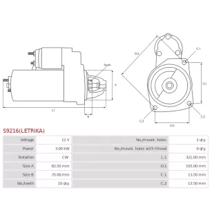 Démarreur 12V 3.00kW 10 dents AS-PL UD11894(LETRIKA)S, CARGO 113532, CLAAS 0011230230, 0011271610, 11271610