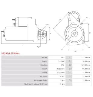 Démarreur 12V 3.20KW 10 dents ISKRA / LETRIKA 11.131.279, 11.131.526, 11.131.570, 11.131.921, 11.131.971, 11.132.282