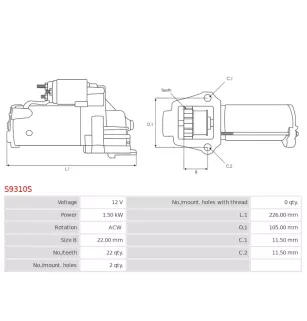 Démarreur 12V 1.50KW 22 dents AS-PL UD13957S, FORD 1F1U-11000-AA, 1F1U-AA, 1F1Z-11002-AA, 1F1Z-11002-AARM, DIXIE S-2077