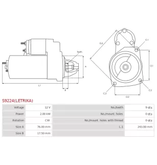 Démarreur 12V 2.00kW 9 dents AS-PL UD11908(LETRIKA)S