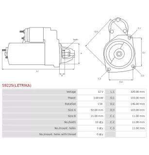 Démarreur 12V 3.00kW 10 dents AS-PL UD11885(LETRIKA)S, BOSCH 9007044014, CASE 82015723, 87318759, 87653221