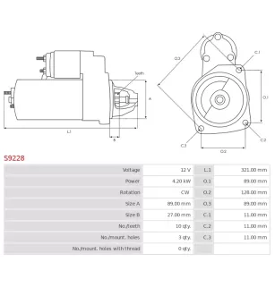 Démarreur 12V 4.20kW 10 dents AS-PL S9228, UD11161S, CARGO 114050, CASE 84151331R, CLAAS 7700068173