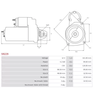 Démarreur 12V 4.2kW 10 dents AS-PL S9229, UD11163S, DOOSAN 46550710, ISKRA / LETRIKA 11.131.145, 11.131.382