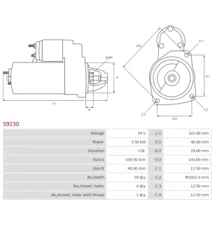 Démarreur 24V 5.50kW 10 dents AS-PL S9230, UD11169S, ISKRA / LETRIKA 11.131.316, 11.131.776, 11.132.124