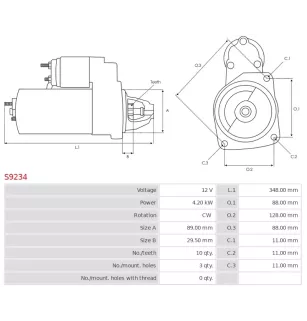 Démarreur 12V 4.20kW 10 dents AS-PL S9234, UD11319S, CARGO 116136, ISKRA / LETRIKA 11.131.611, 11.131.714