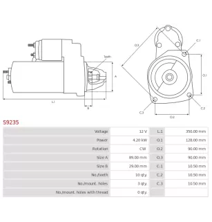 Démarreur 12V 4.20kW 10 dents AS-PL S9235, UD11320S, BOBCAT 7169479, 7220938, CARGO 114852
