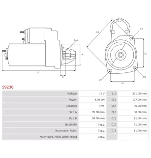 Démarreur 12V 4.00kW 9 dents AS-PL S9236, UD11321S, BMW 12417754662, BOSCH 0001230006, 0001230014