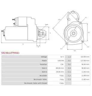 Démarreur 12V 4.00kW 9 dents AS-PL UD03373S, BMW 12417754662, BOSCH 0001230006, 0001230014, CARGO 116093