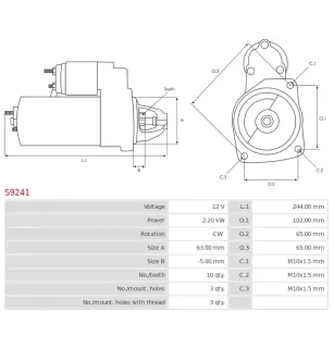 Démarreur 12V 2.20kW 10 dents AS-PL S9241, UD12395S, CARGO 115405, DELCO DRS0156, DS1266