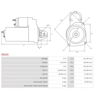 Démarreur 12V 4.20kW 9 dents AS-PL S9243, UD12004S, BOSCH 0001230007