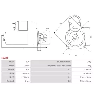 Démarreur 12V 1.20kW 8 dents AS-PL S9245, UD00867S, CARGO 115569, DELCO 8000169, DRS0618