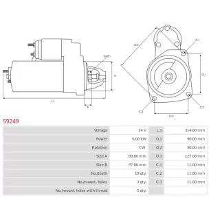 Démarreur 24V 6.00kW 10 dents AS-PL S9249, UD90317S, PRESTOLITE 4992135, M93R3026SE, ELECTROLOG STR97002