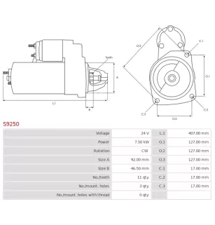 Démarreur 24V 7.50kW 11 dents AS-PL S9250, UD11093S, KOMATSU 600-813-2412, 600-813-2413, 600-813-2420