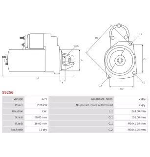 Démarreur 12V 2.00kW 11 dents AS-PL S9256, UD12075S, CARGO 115626, DELCO 8000269, 8000530