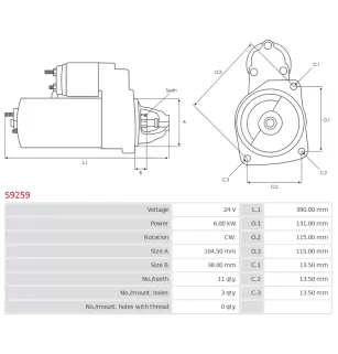 Démarreur 24V 6.00kW 11 dents AS-PL UD11121S, NISSAN 23300-96504, 23300-96509, SAWAFUJI 0350-602-0260, 0350-602-0330