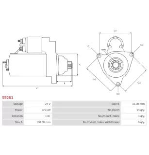 Démarreur 24V 4.5kW 13 dents AS-PL UD11137S, SAWAFUJI 0330-552-0010, TOYOTA 28100-1390, 28100-1400A, PSH 261.506.133