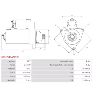 Démarreur 12V 2.50KW 9 dents AS-PL UD13989S, VALEO 600354, DAEDONG E7100-6301, KRAUF STV9354, ROBERT'S 130-20195