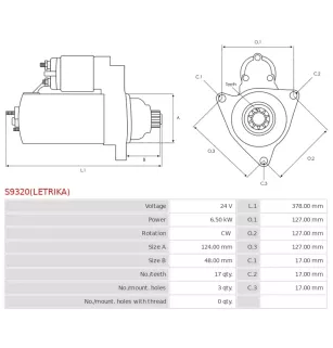 Démarreur 12V 6.50KW 17 dents ISKRA / LETRIKA 11.132.014, 11.132.239, AZG4829, IS1198, MAHLE MS 144, MS144