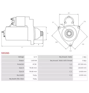 Démarreur 12V 1.60KW 9 dents CASCO CST33112, CST33112AS, CST33112ES, CST33112GS, CST33112OS, CST33112RS