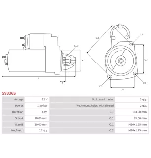 Démarreur 12V 1.20KW 13 dents AS-PL S9336S, UD14893S, KUHNER 255716, 255716V, LUCAS LRS03896, LRS3896