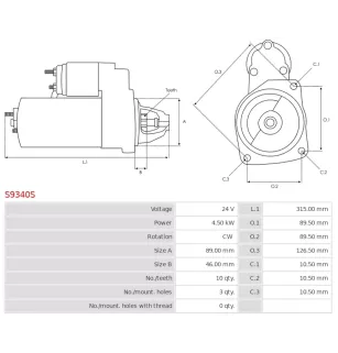 Démarreur 24V 4.50KW 10 dents CUMMINS 5263841, 5268413, 5319202, KRAUF STP0063, STP9063, STR0063