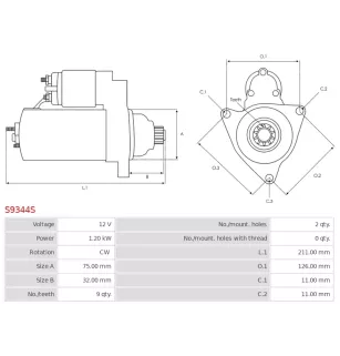 Démarreur 12V 1.20KW 9 dents STARDAX STX200709, STX200709R, STX200986, STX200986R, LUCAS LRS01282, LRS1282