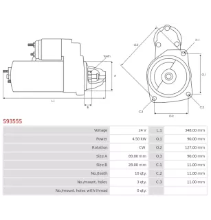 Démarreur 24V 4.50KW 10 dents PERKINS 4470977, 4510011, 5904518, T400418, T434131, CASCO CST21650GS