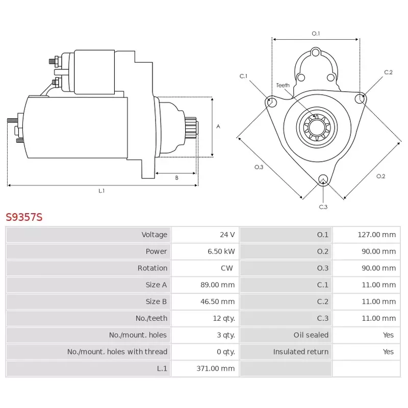 Démarreur 24V 6.50KW 12 dents CASCO CST21633, CST21633AS, CST21633ES, CST21633GS, CST21633OS, CST21633RS
