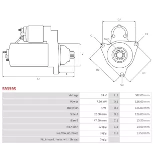 Démarreur 24V 7.50KW 12 dents CASCO CST11619, CST11619AS, CST11619ES, CST11619GS, CST11619OS, CST11619RS