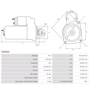 Démarreur 24V 4.00KW 10 dents ISKRA / LETRIKA IS1117, AZF4593, AZF4575, AZF4360, 11.132.303, 11.132.302