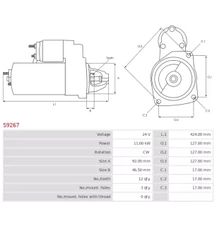 Démarreur 24V 11.00kW 12 dents AS-PL S9267, UD11100S, KOMATSU 600-813-4311, 600-813-8110, 600-813-9320