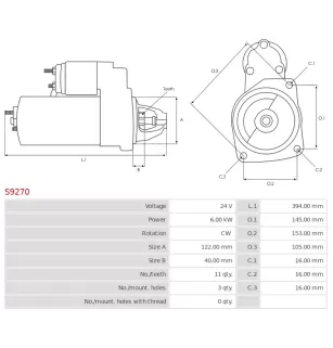 Démarreur 24V 6.00kW 11 dents AS-PL UD11115S, NISSAN 23300-97505, SAWAFUJI 0350-602-0230, DIXIE 247-60204, ELECTROLOG STR9806