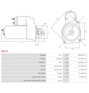 Démarreur 24V 7.50kW 12 dents AS-PL S9271, UD11092S, KOMATSU 600-813-4921, NIKKO 0-23000-6980