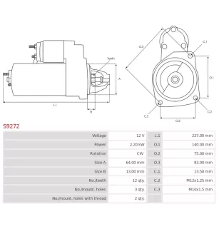 Démarreur 12V 2.20kW 12 dents AS-PL S9272, UD11996S, HYUNDAI / KIA 36100-4X971, POONGSUNG 03111-4300, ELECTROLOG STR6473